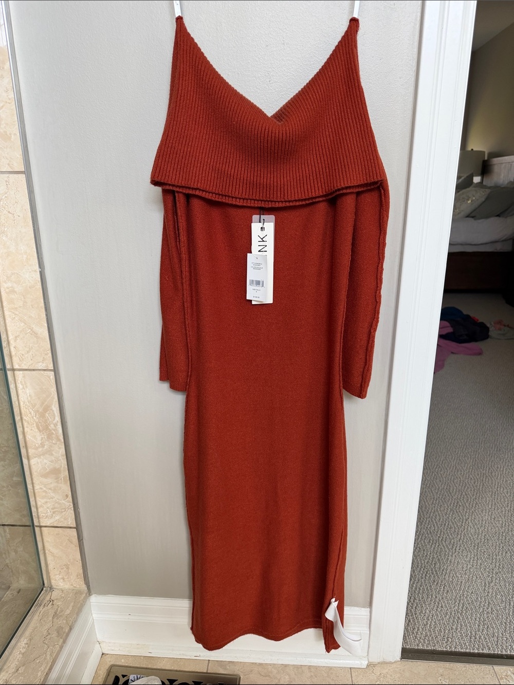 MINKPINK Rust Off-Shoulder Knit Midi Dress
